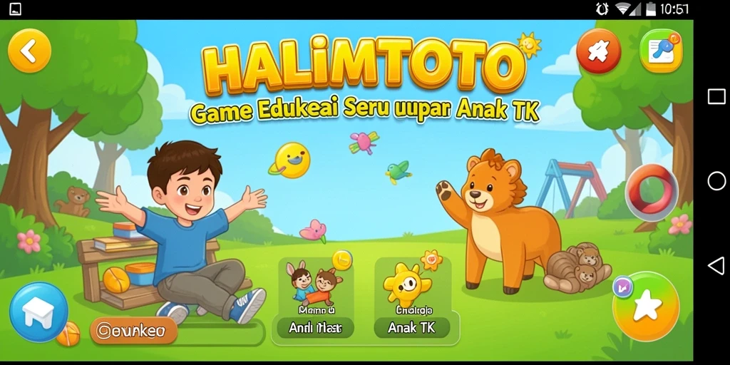 Antarmuka HALIMTOTO yang ceria dan penuh warna untuk anak-anak.
