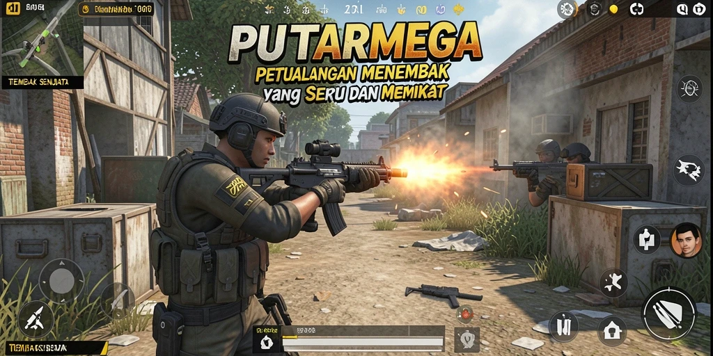 Tampilan antarmuka PUTARMEGA saat aksi menembak yang menarik.